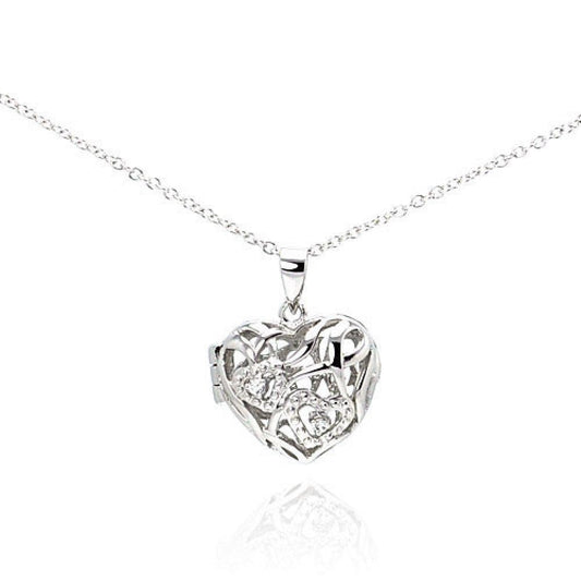 Silver 925 Rhodium Heart Locket CZ Necklace - BGP00225 | Silver Palace Inc.