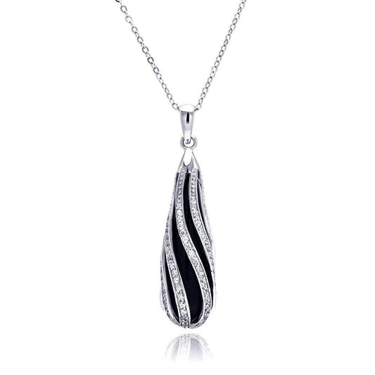Closeout-Silver 925 Rhodium Teardrop Black Onyx Striped Curved CZ Necklace - BGP00242 | Silver Palace Inc.