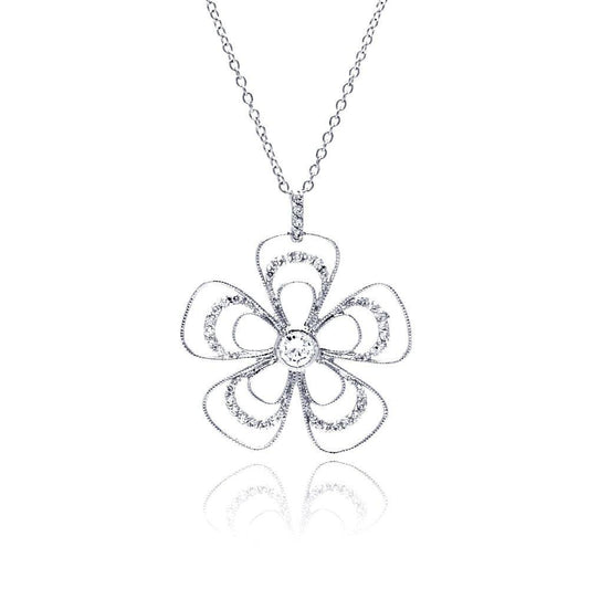 Closeout-Silver 925 Rhodium Plated Open Flower CZ Necklace - BGP00321 | Silver Palace Inc.
