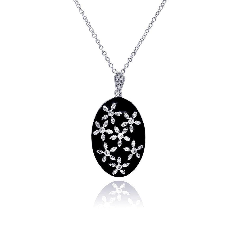 Closeout-Silver 925 Rhodium Plated Oval Enamel Flower CZ Necklace - BGP00323 | Silver Palace Inc.