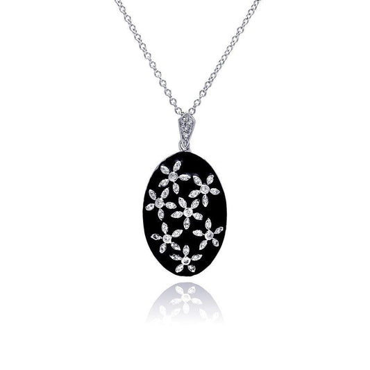 Closeout-Silver 925 Rhodium Plated Oval Enamel Flower CZ Necklace - BGP00323 | Silver Palace Inc.