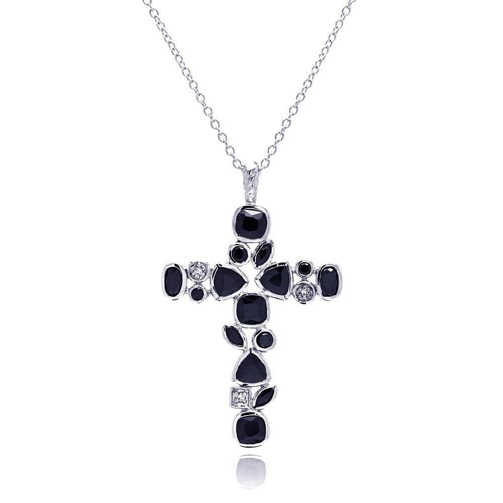 Silver 925 Rhodium Plated Cross Black and Clear Multi-shape CZ Necklace - BGP00341 | Silver Palace Inc.