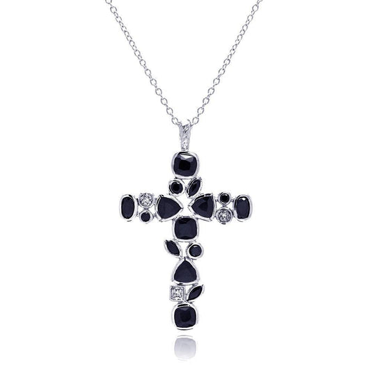 Silver 925 Rhodium Plated Cross Black and Clear Multi-shape CZ Necklace - BGP00341 | Silver Palace Inc.