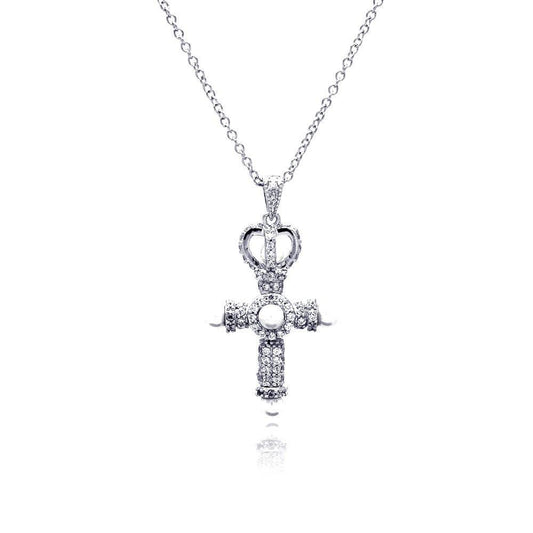 Silver 925 Rhodium Plated Cross Crown CZ Center Pearl Necklace - BGP00377 | Silver Palace Inc.