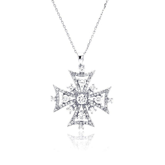 Silver 925 Rhodium Plated Outline Cross CZ Necklace - BGP00435 | Silver Palace Inc.