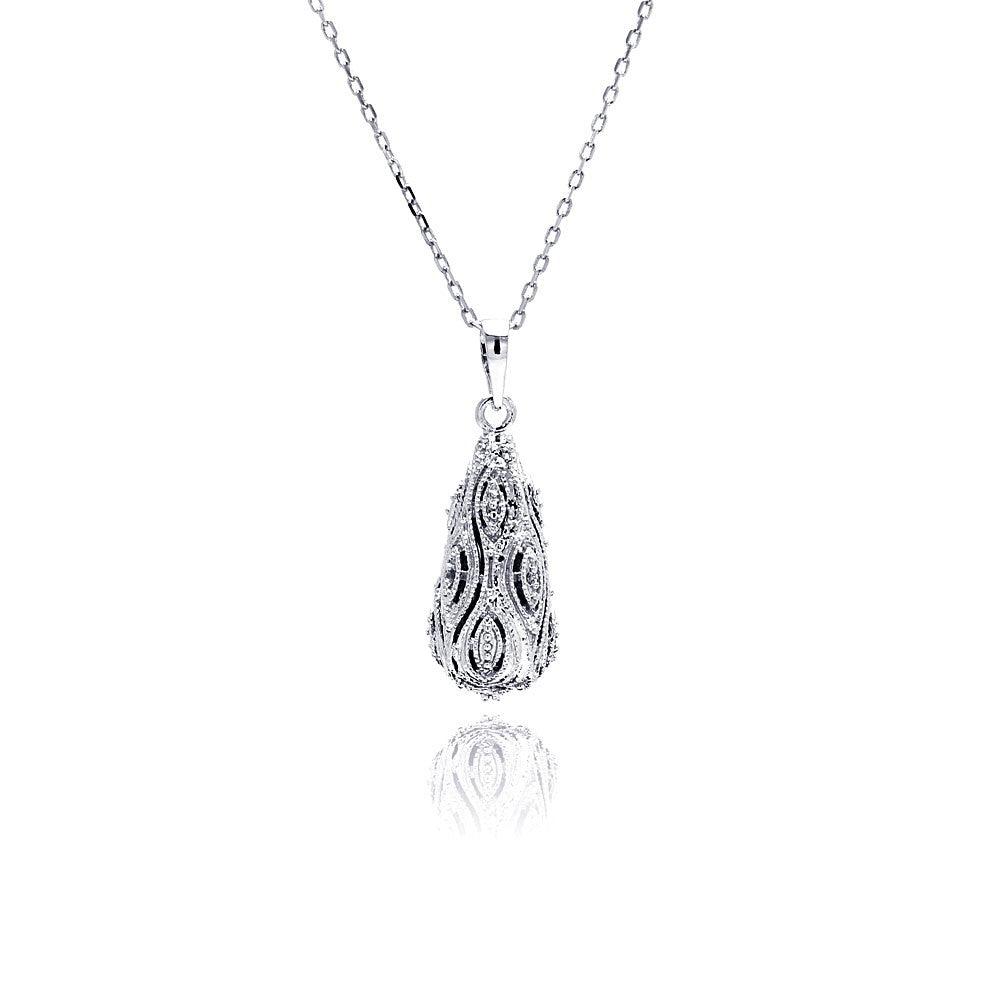 Closeout-Silver 925 Rhodium Plated Pear Shape CZ Necklace - BGP00440 | Silver Palace Inc.