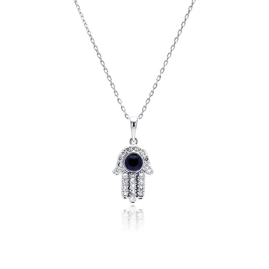 Silver 925 Rhodium Plated Hamsa Evil Eye CZ Necklace - BGP00463 | Silver Palace Inc.