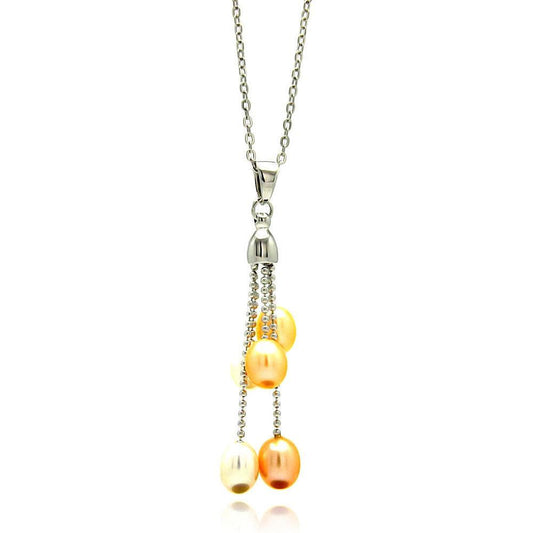Silver 925 Rhodium Plated Five Hanging Fresh Water Pearls CZ Necklace - BGP00472 | Silver Palace Inc.