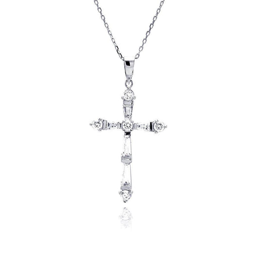 Silver 925 Rhodium Plated Cross CZ Necklace - BGP00484 | Silver Palace Inc.