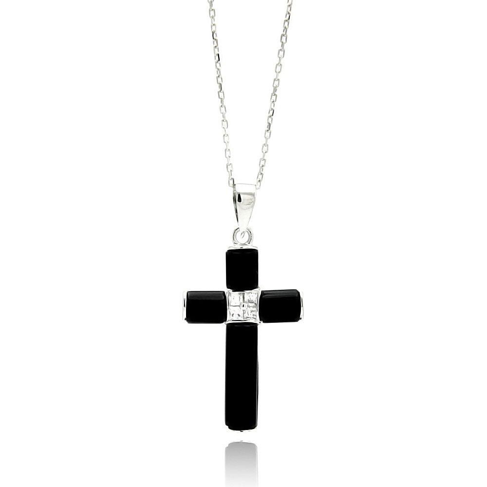 Silver 925 Rhodium Plated Black Onyx CZ Necklace - BGP00486 | Silver Palace Inc.