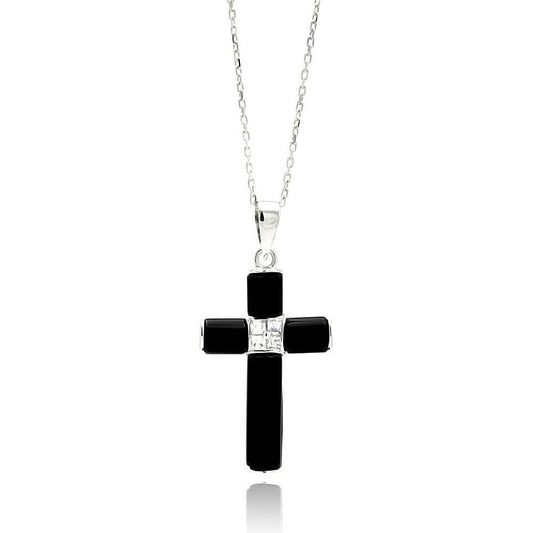 Silver 925 Rhodium Plated Black Onyx CZ Necklace - BGP00486 | Silver Palace Inc.