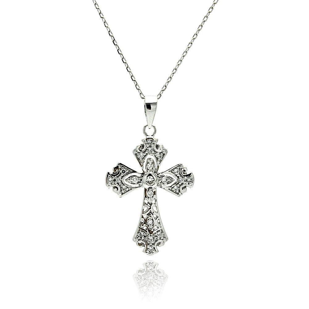 Silver 925 Rhodium Plated Cross CZ Necklace - BGP00508 | Silver Palace Inc.