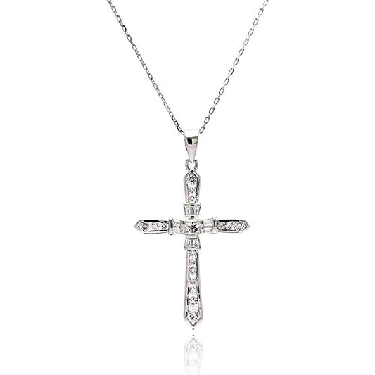 Silver 925 Rhodium Plated Cross CZ Necklace - BGP00511 | Silver Palace Inc.