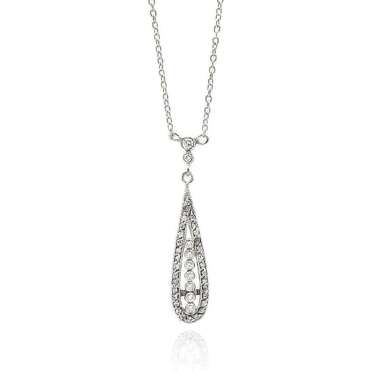 Silver 925 Rhodium Plated Long Teardrop CZ Necklace - BGP00513 | Silver Palace Inc.