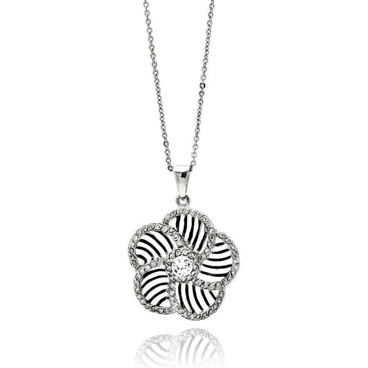 Closeout-Silver 925 Rhodium Plated Flower Inner Zebra Print CZ Necklace - BGP00519 | Silver Palace Inc.