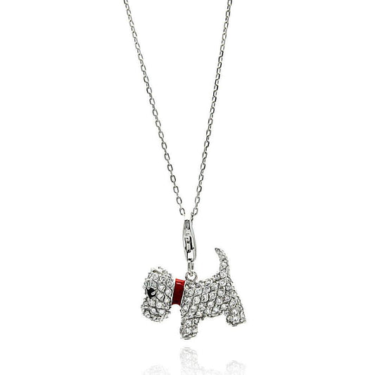 Silver 925 Rhodium Plated Dog CZ Red Enamel Leash Necklace - BGP00585 | Silver Palace Inc.