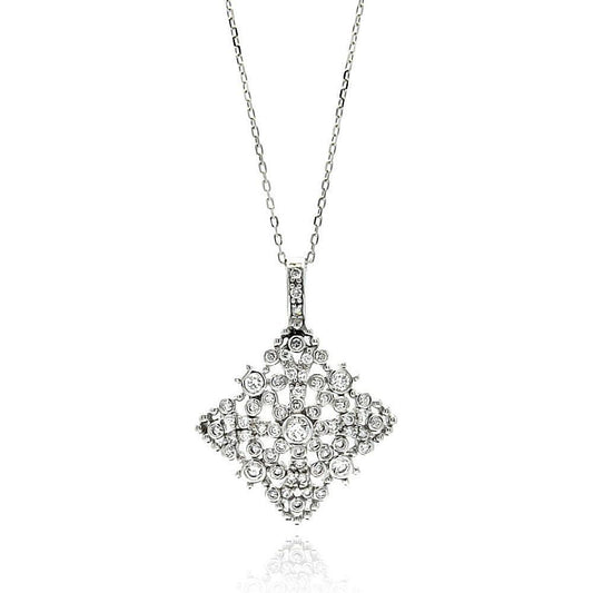 Closeout-Silver 925 Rhodium Plated Open Square Filigree CZ Necklace - BGP00594 | Silver Palace Inc.