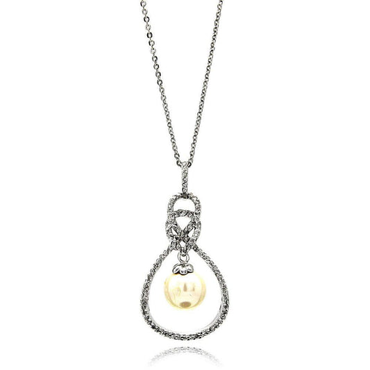 Silver 925 Rhodium Plated Open Teardrop CZ Center Pearl Necklace - BGP00600 | Silver Palace Inc.
