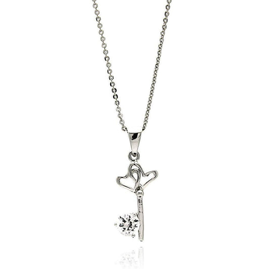 Silver 925 Rhodium Plated Open Heart Key CZ Necklace - BGP00612 | Silver Palace Inc.