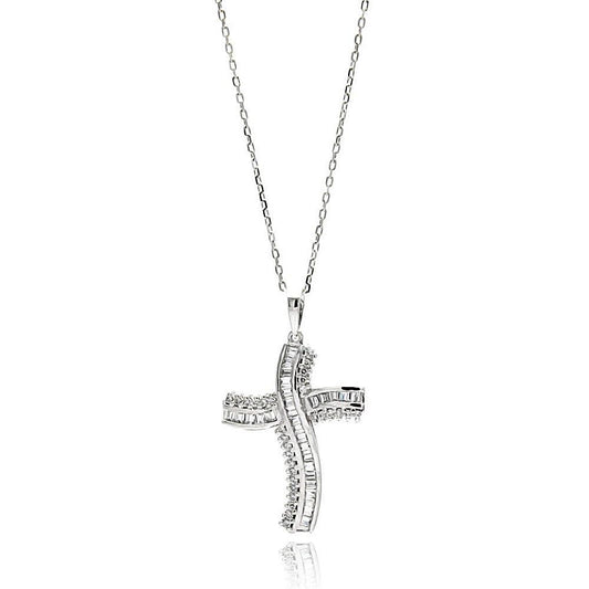 Silver 925 Rhodium Plated Curvy Cross CZ Necklace - BGP00613 | Silver Palace Inc.