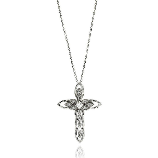 Silver 925 Rhodium Plated Open Cross CZ Necklace - BGP00617 | Silver Palace Inc.