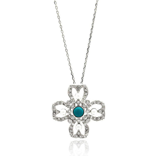 Silver 925 Rhodium Plated Open Flower Center Blue CZ Necklace - BGP00628 | Silver Palace Inc.
