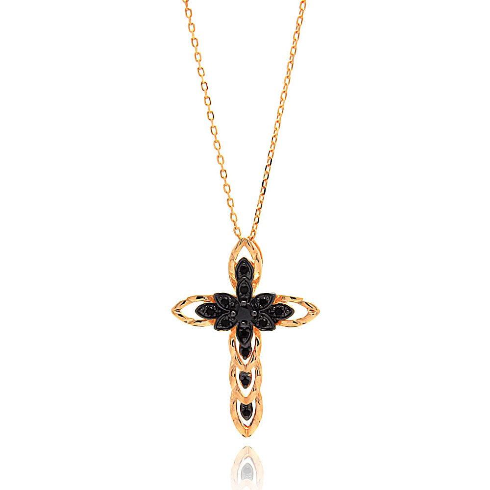 Closeout-Silver 925 Gold Plated Black Marquis Filigree Cross CZ Necklace - BGP00641 | Silver Palace Inc.