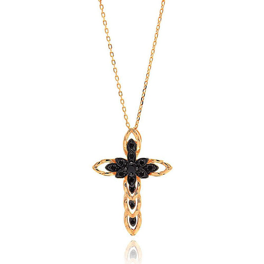 Closeout-Silver 925 Gold Plated Black Marquis Filigree Cross CZ Necklace - BGP00641 | Silver Palace Inc.