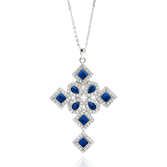 Silver 925 Rhodium Plated Blue Multiple Shape Cross CZ Necklace - BGP00645 | Silver Palace Inc.