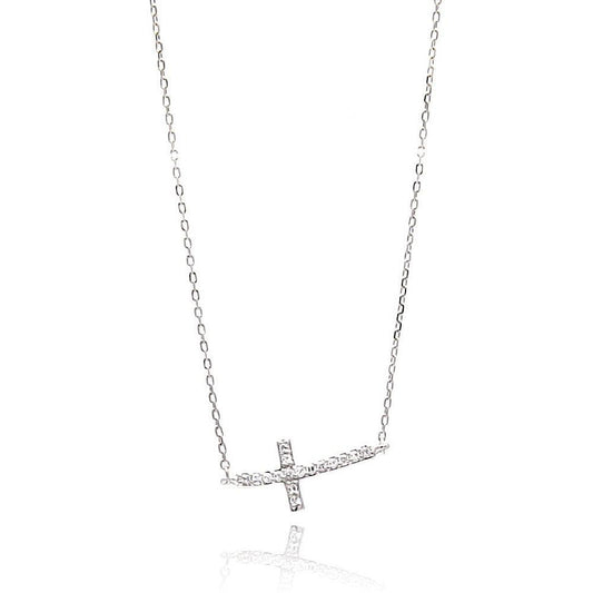 Silver 925 Rhodium Plated Sideways Cross CZ Necklace - BGP00646 | Silver Palace Inc.