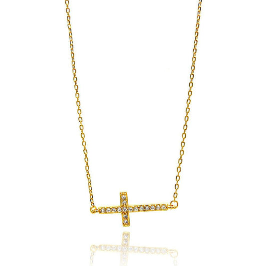 Silver 925 Gold Plated Sideways Cross CZ Necklace - BGP00673 | Silver Palace Inc.