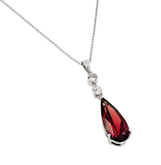 Silver 925 Rhodium Plated Teardrop Red CZ Dangling Necklace - BGP00810R | Silver Palace Inc.