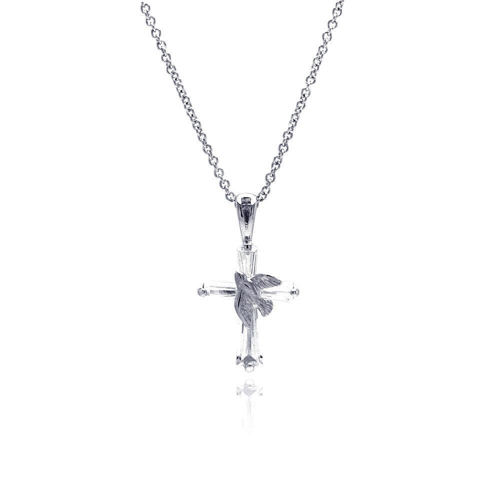 Silver 925 Rhodium Plated Cross Dove Pendant Necklace - STP00013 | Silver Palace Inc.