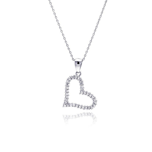 Silver 925 Clear CZ Rhodium Plated Solo Heart Pendant Necklace - STP00017 | Silver Palace Inc.