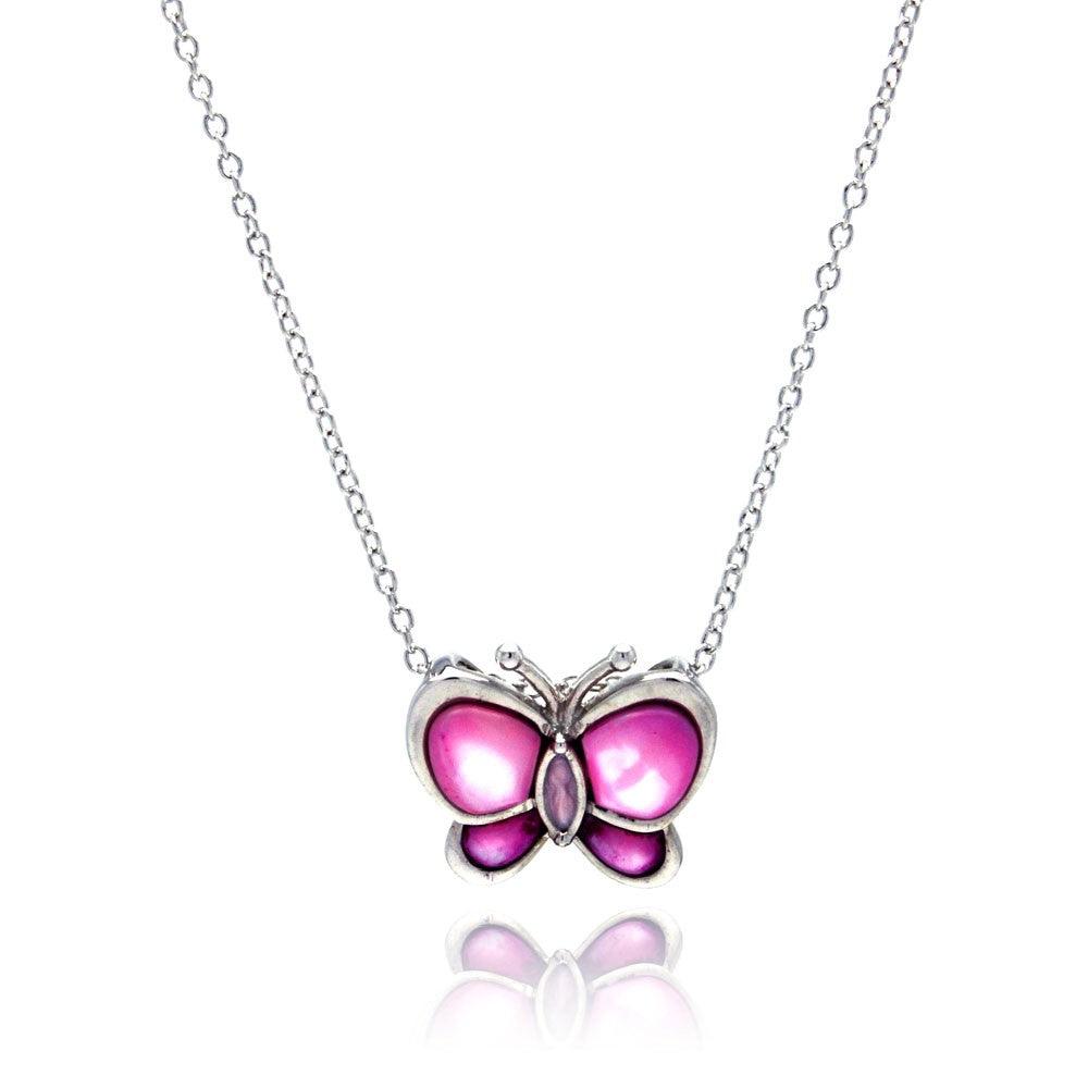 Closeout-Silver 925 Clear CZ Rhodium Plated MOP Pink Butterfly Pendant Necklace - STP00023-PNK | Silver Palace Inc.