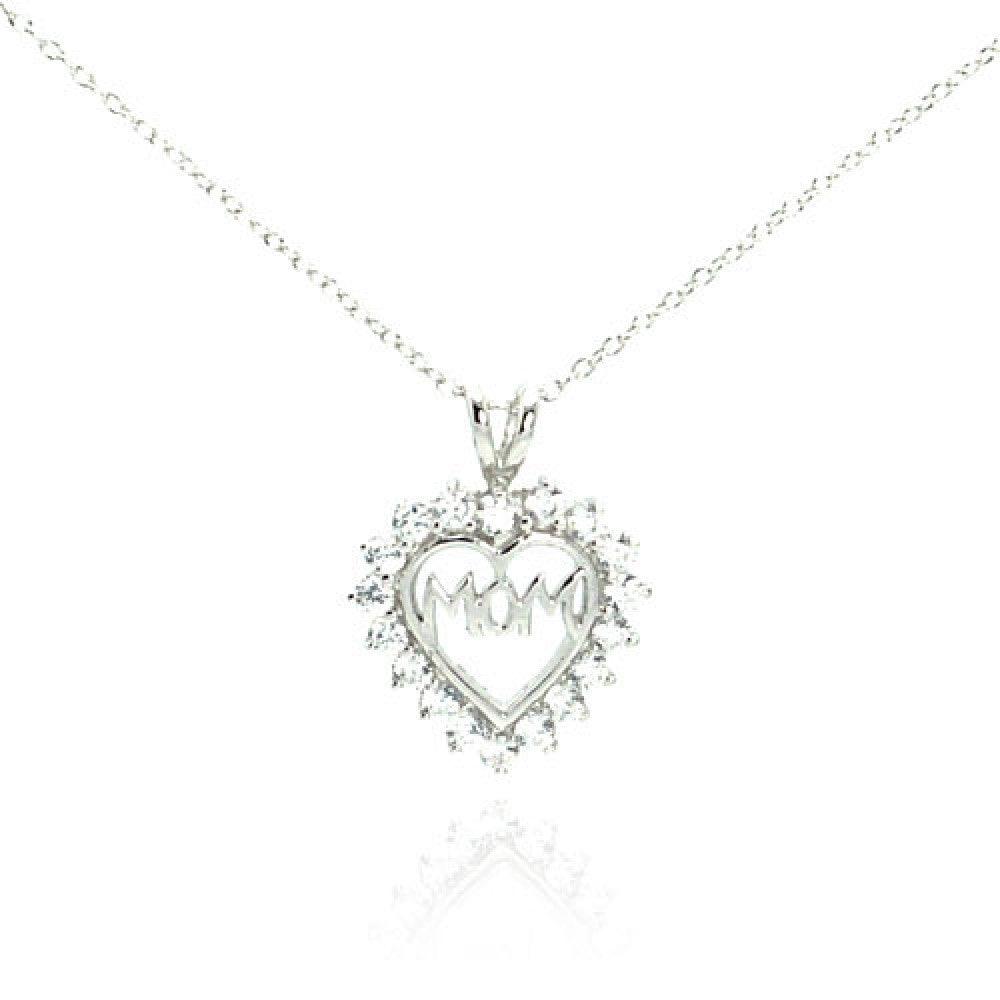 Silver 925 Clear CZ Rhodium Plated Mom Heart Pendant Necklace - STP00054 | Silver Palace Inc.