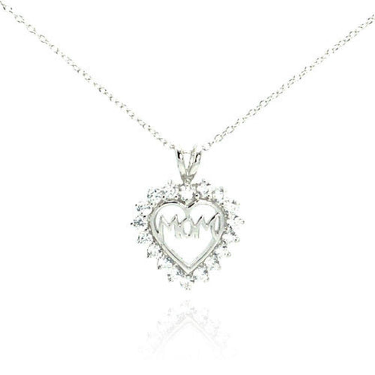 Silver 925 Clear CZ Rhodium Plated Mom Heart Pendant Necklace - STP00054 | Silver Palace Inc.