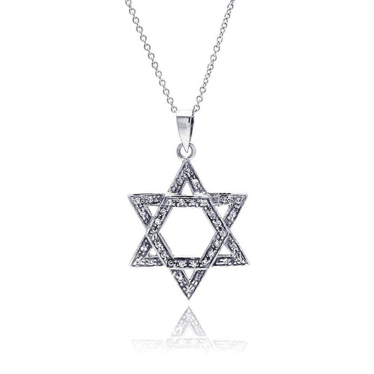 Silver 925 Clear CZ Rhodium Plated Star Of David Pendant Necklace - STP00086 | Silver Palace Inc.