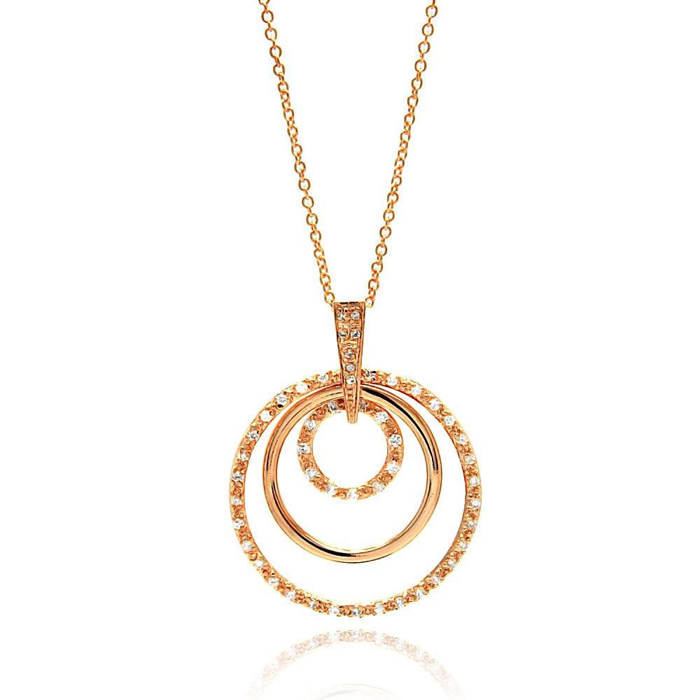 Closeout-Silver 925 Clear CZ Rose Gold Plated Multi Circle Pendant Necklace - STP00101RGP | Silver Palace Inc.