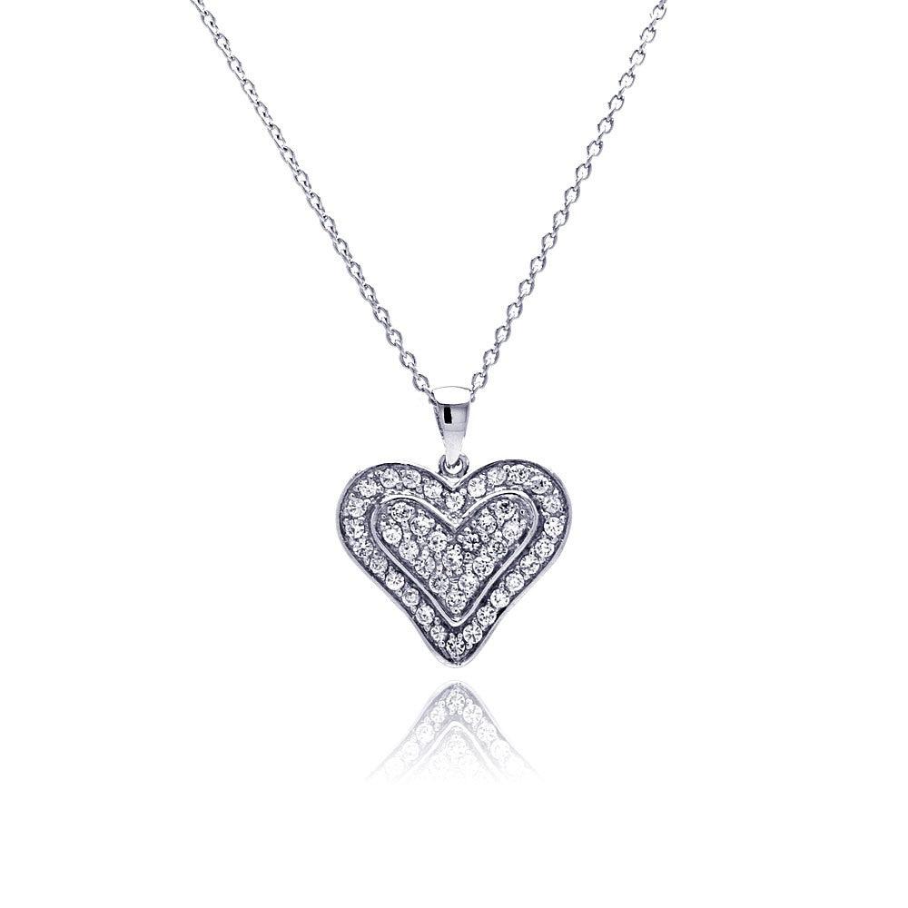 Closeout-Silver 925 Clear CZ Rhodium Plated Single Heart Pendant Necklace - STP00110 | Silver Palace Inc.