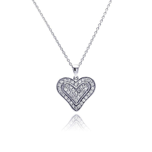 Closeout-Silver 925 Clear CZ Rhodium Plated Single Heart Pendant Necklace - STP00110 | Silver Palace Inc.