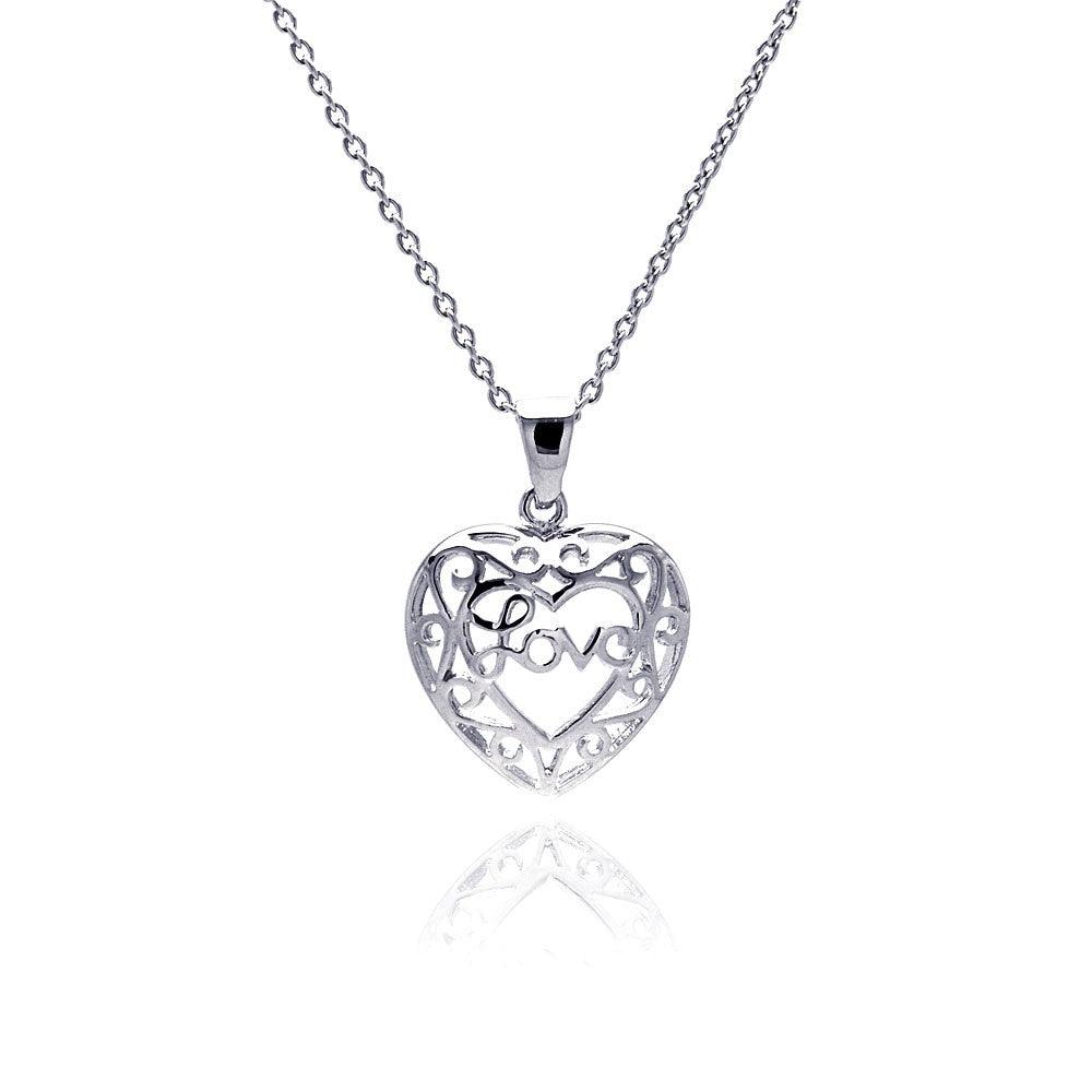 Closeout-Silver 925 Rhodium Plated Heart Love Accent Pendant Necklace - STP00142 | Silver Palace Inc.