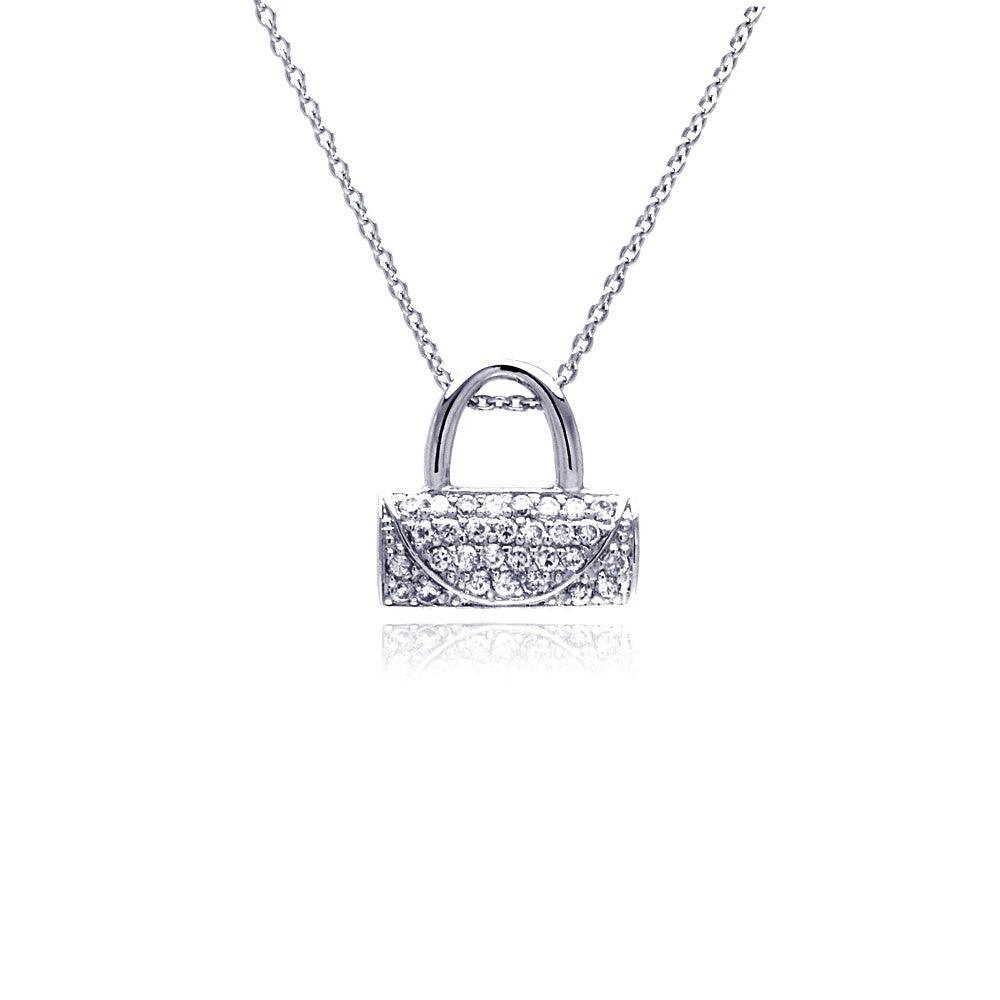 Closeout-Silver 925 Clear CZ Rhodium Plated Handbag Pendant Necklace - STP00178 | Silver Palace Inc.