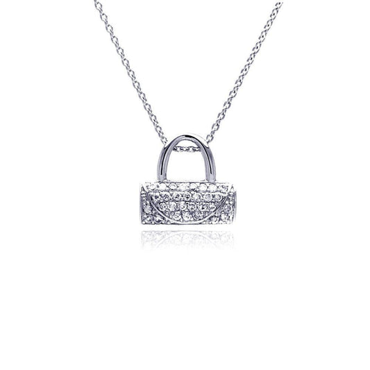 Closeout-Silver 925 Clear CZ Rhodium Plated Handbag Pendant Necklace - STP00178 | Silver Palace Inc.