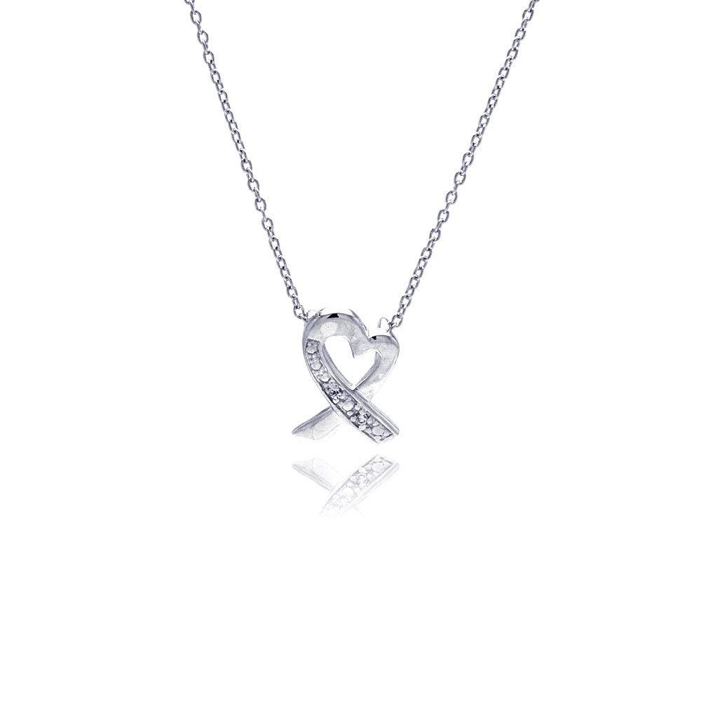 Silver 925 Clear CZ Rhodium Plated Pretzel Heart Pendant Necklace - STP00218 | Silver Palace Inc.