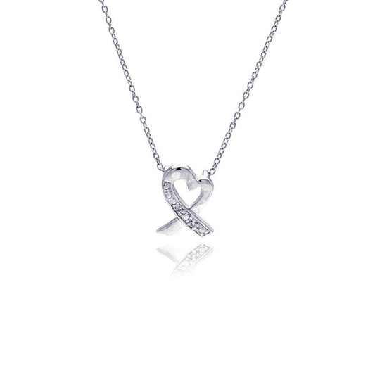 Silver 925 Clear CZ Rhodium Plated Pretzel Heart Pendant Necklace - STP00218 | Silver Palace Inc.