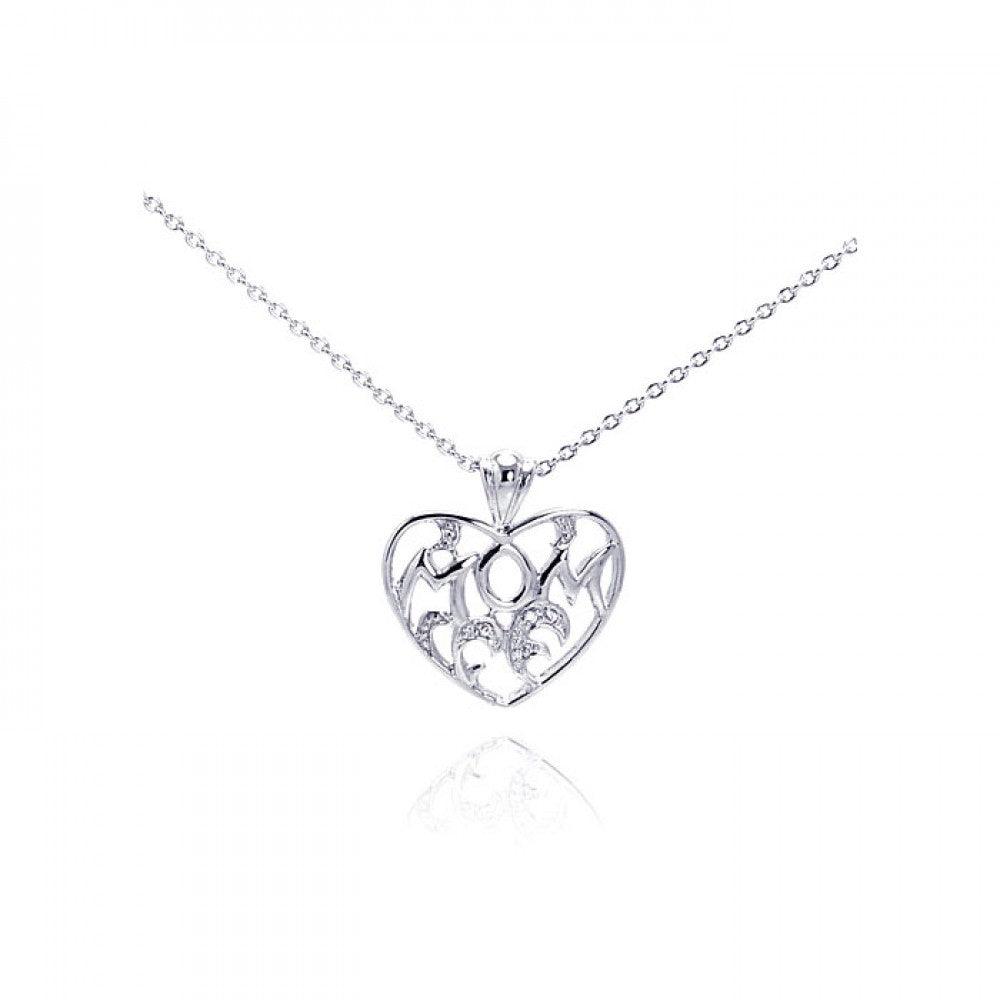 Silver 925 Clear CZ Rhodium Plated Mom Heart Pendant Necklace - STP00226 | Silver Palace Inc.