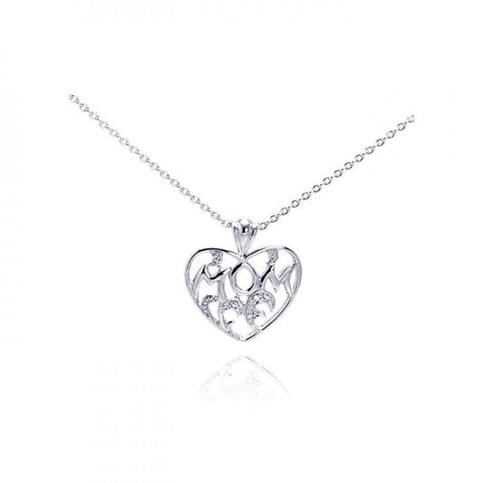 Silver 925 Clear CZ Rhodium Plated Mom Heart Pendant Necklace - STP00226 | Silver Palace Inc.