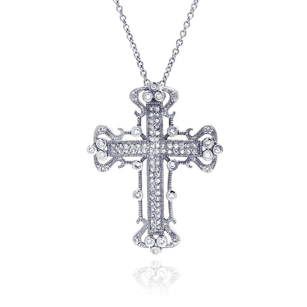 Silver 925 Clear CZ Rhodium Plated Fancy Cross Pendant Necklace - STP00231 | Silver Palace Inc.