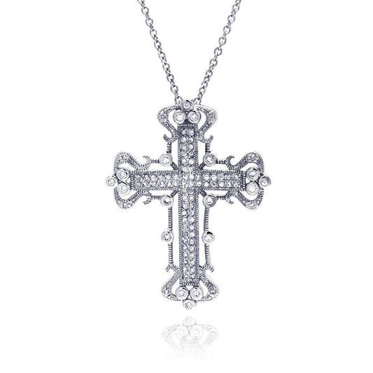Silver 925 Clear CZ Rhodium Plated Fancy Cross Pendant Necklace - STP00231 | Silver Palace Inc.